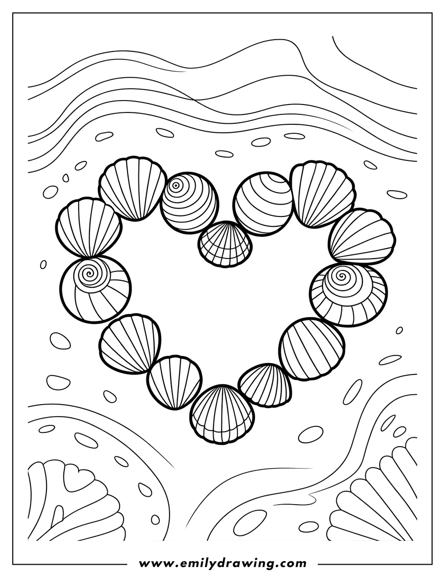 Outline of seashells arranged in a heart shape on a patterned background.