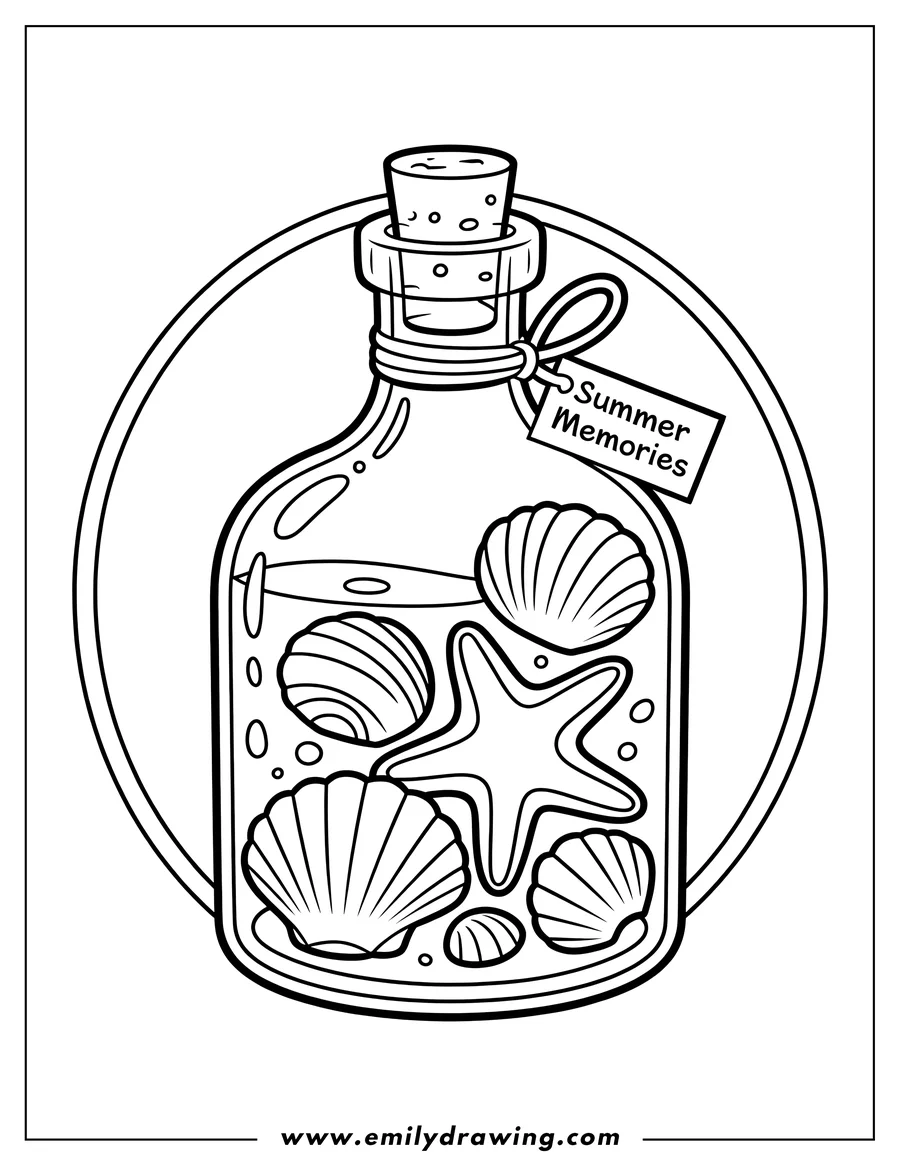 Outline of seashells and a starfish inside a glass bottle. A tag tied to the bottle says 'Summer Memories'.