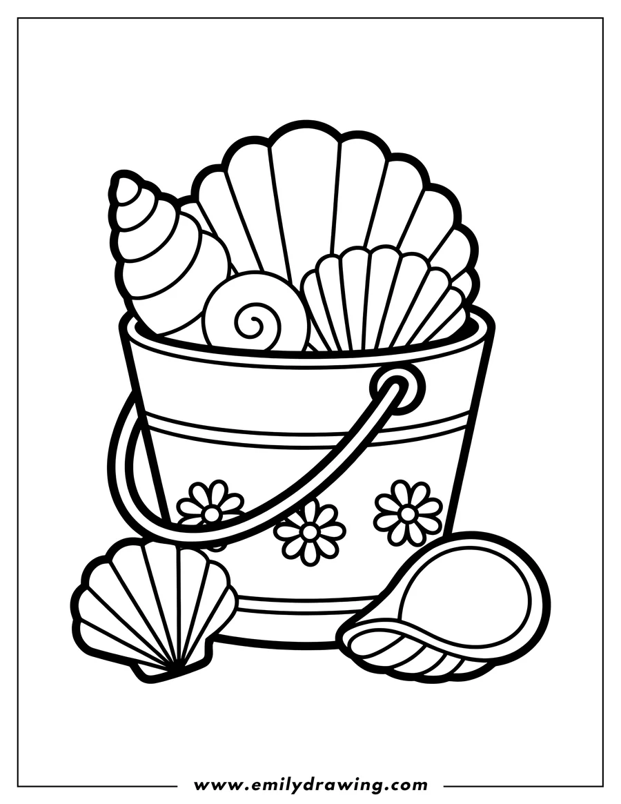 Outline of various seashells inside a decorated bucket. Two additional shells sit beside the bucket.
