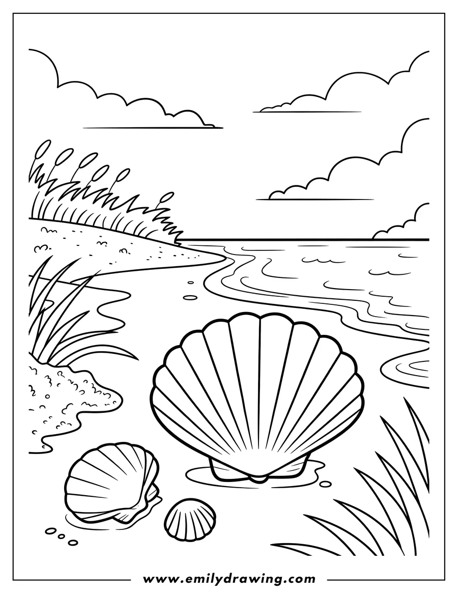 Outline of seashells on a sandy beach, with gentle waves in the background.