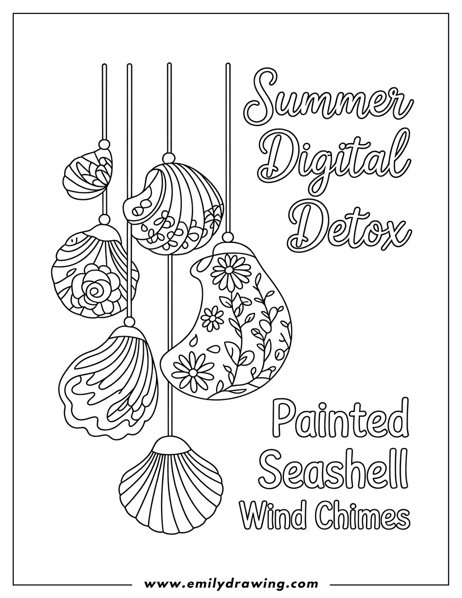 Line art of a seashells wind chime with floral and swirl patterns.