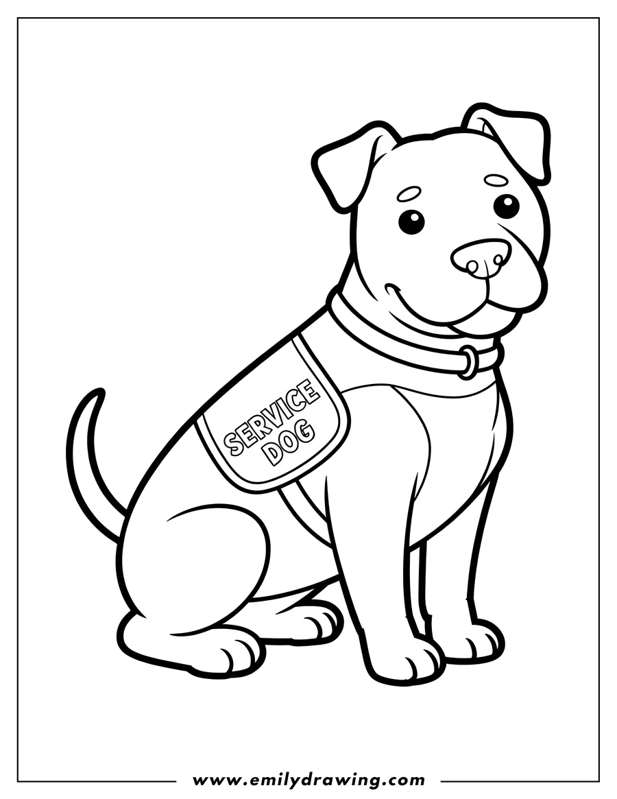 Line art of a service dog wearing a vest.