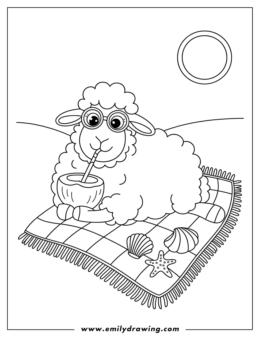 Outline of a sheep wearing sunglasses, relaxing on a beach blanket, and sipping from a coconut. Seashells and a starfish are scattered on the fringed blanket, with a simple sun and a curved horizon line in the background.