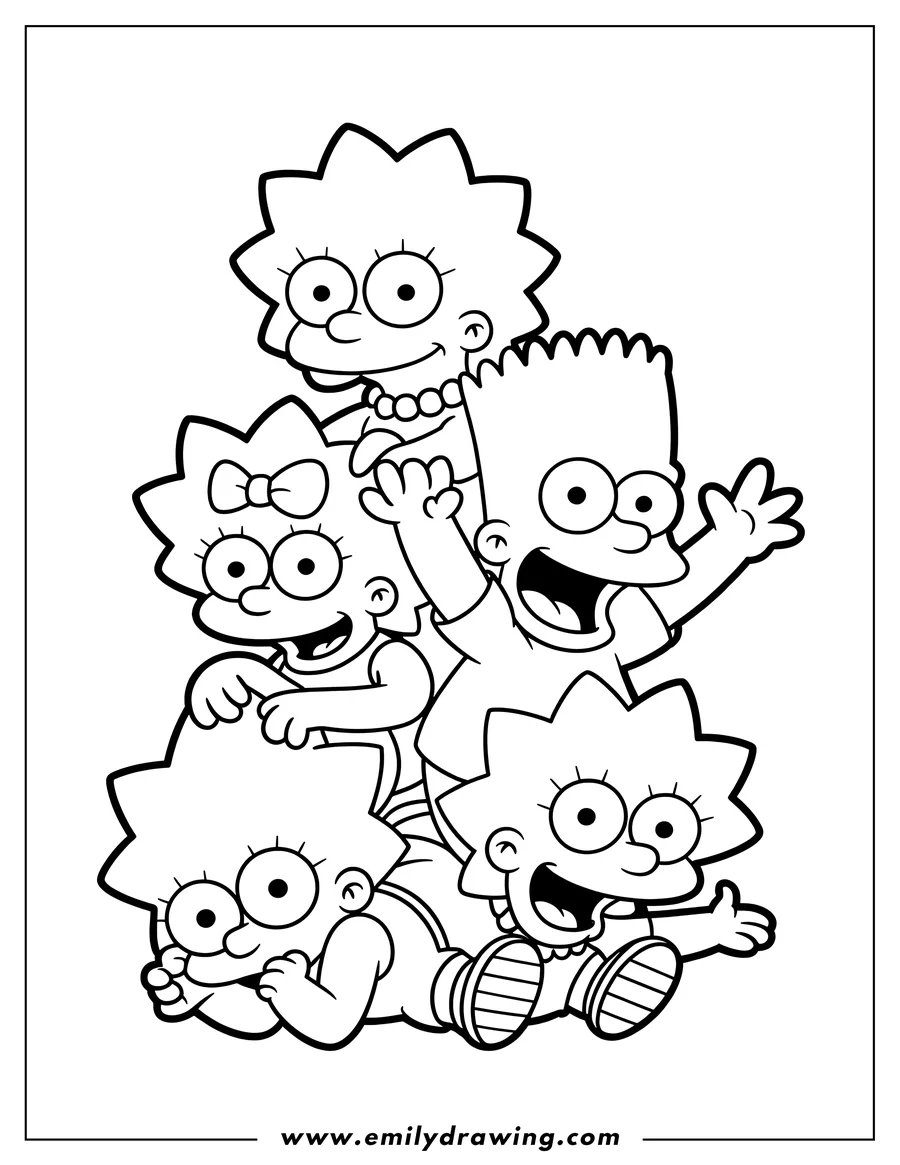 Line art of the four Simpsons children, Maggie, Lisa, Bart, and baby Maggie, stacked together and smiling.