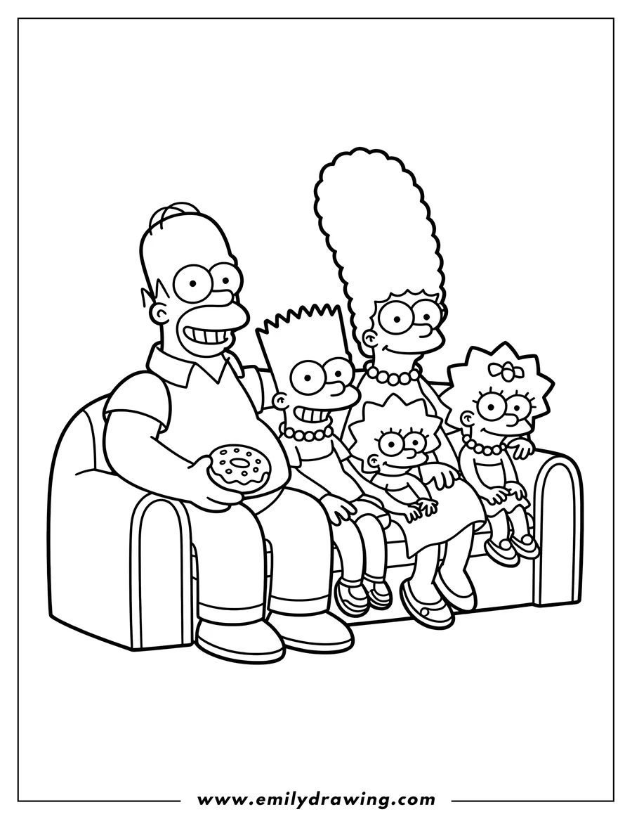 Line art of the Simpsons family sitting on their couch. Homer holds a donut, while Bart, Lisa, and Maggie sit beside him.