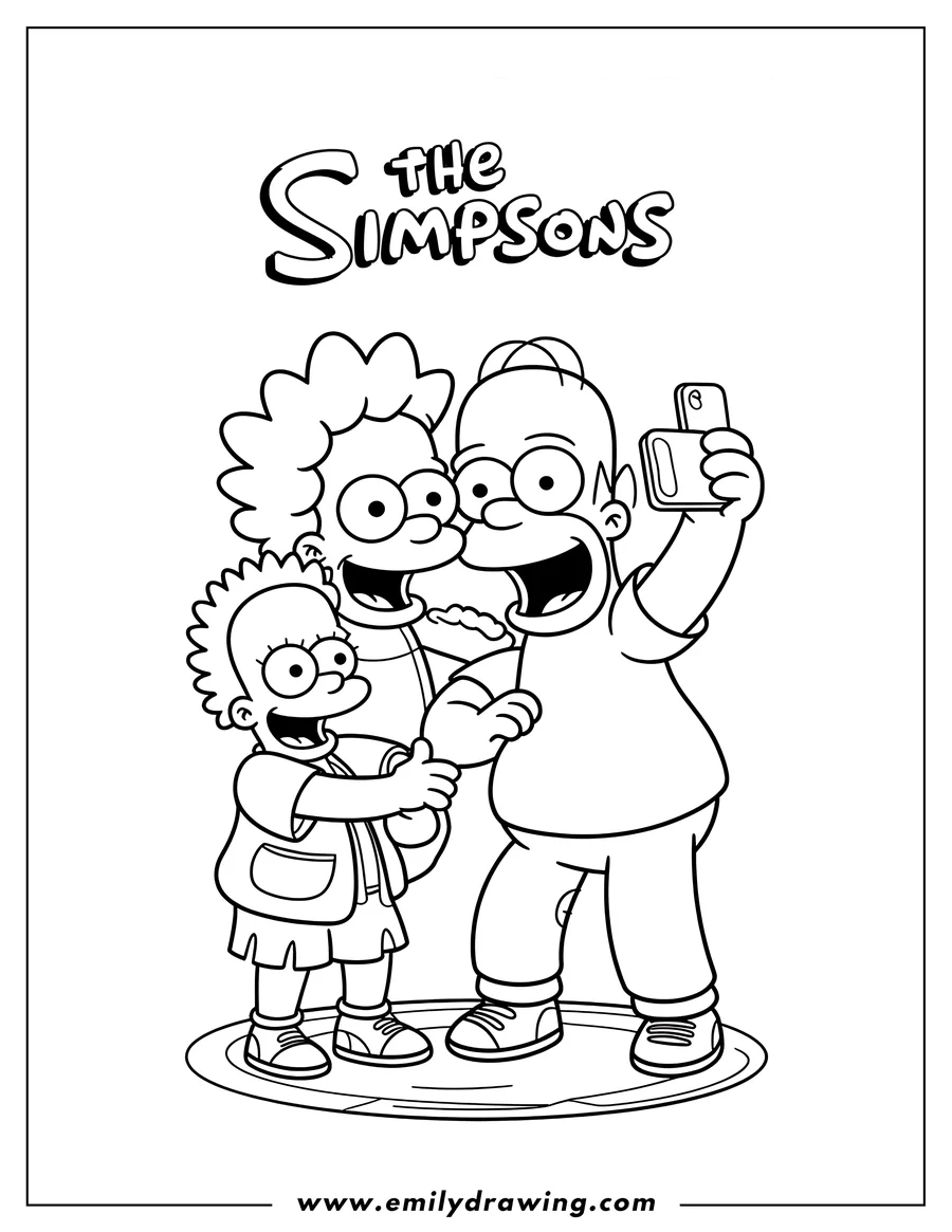 Line art of The Simpsons family, Homer, Lisa, and Maggie, taking a selfie together. Homer holds a phone above them as they smile.