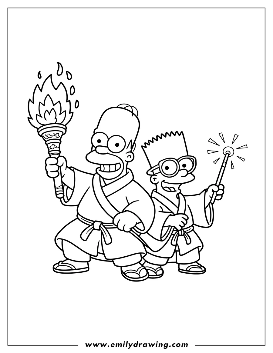 Line art of Homer Simpson holding a torch and Bart Simpson holding a wand, both wearing robes.