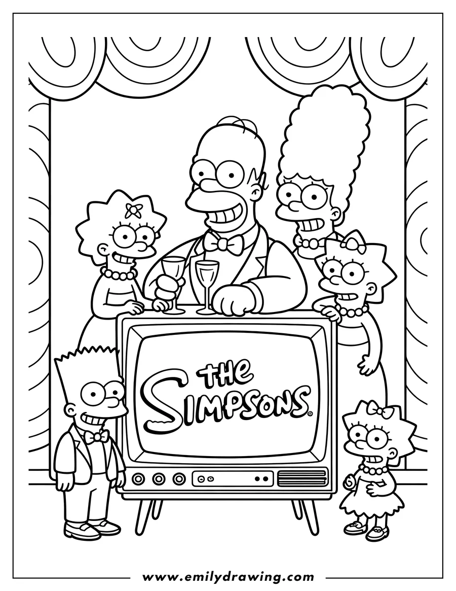 Line art of the Simpsons family posing together around a retro television set. They are dressed up in formal wear.