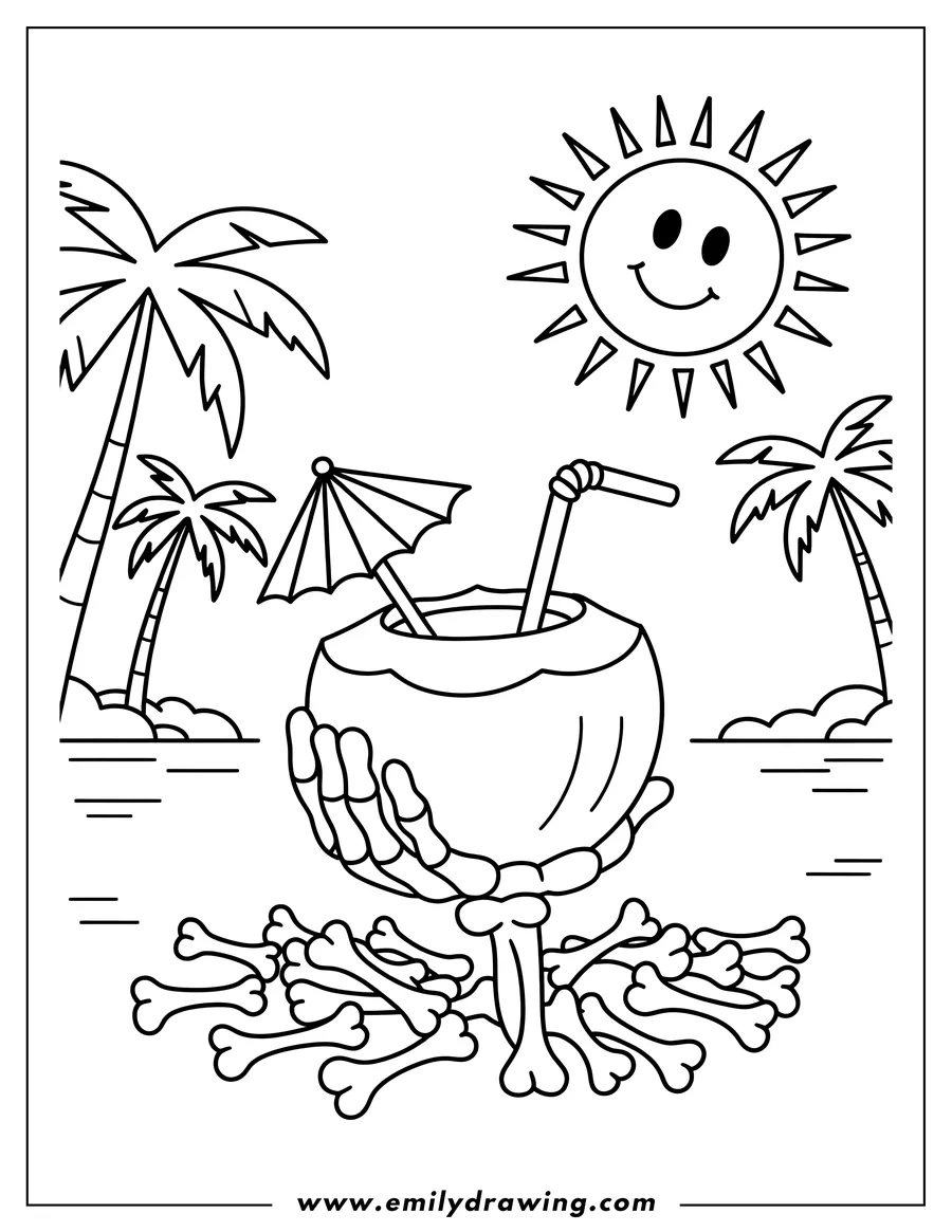 Line art of a skeleton hand holding a coconut drink with a small umbrella and straw on a beach with palm trees and a smiling sun.