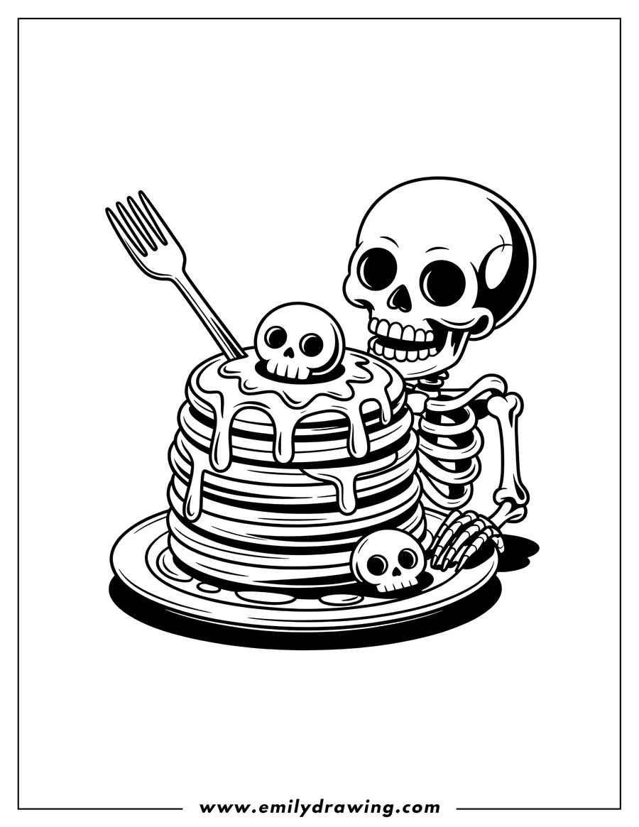Line art of a skeleton with a large stack of pancakes on a plate.  A fork is stuck into the top of the pancake stack. Skulls decorate the pancakes and syrup.