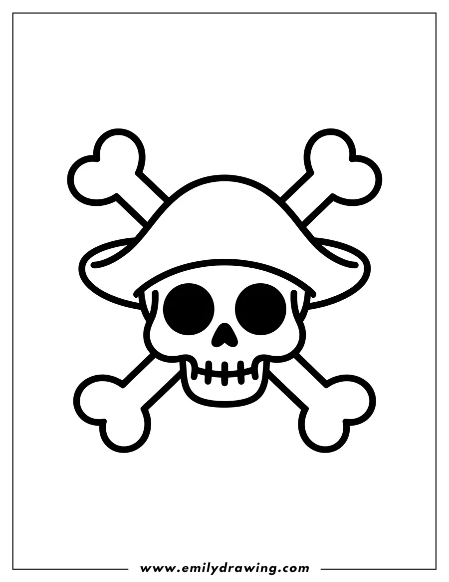 Outline of a skull wearing a hat with crossbones behind it.