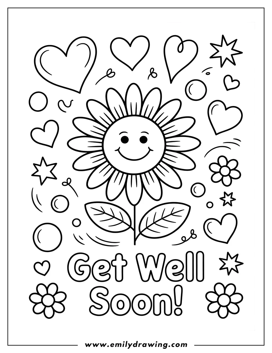 Line art of a smiling daisy with hearts and stars, part of a 'Get Well Soon' message.