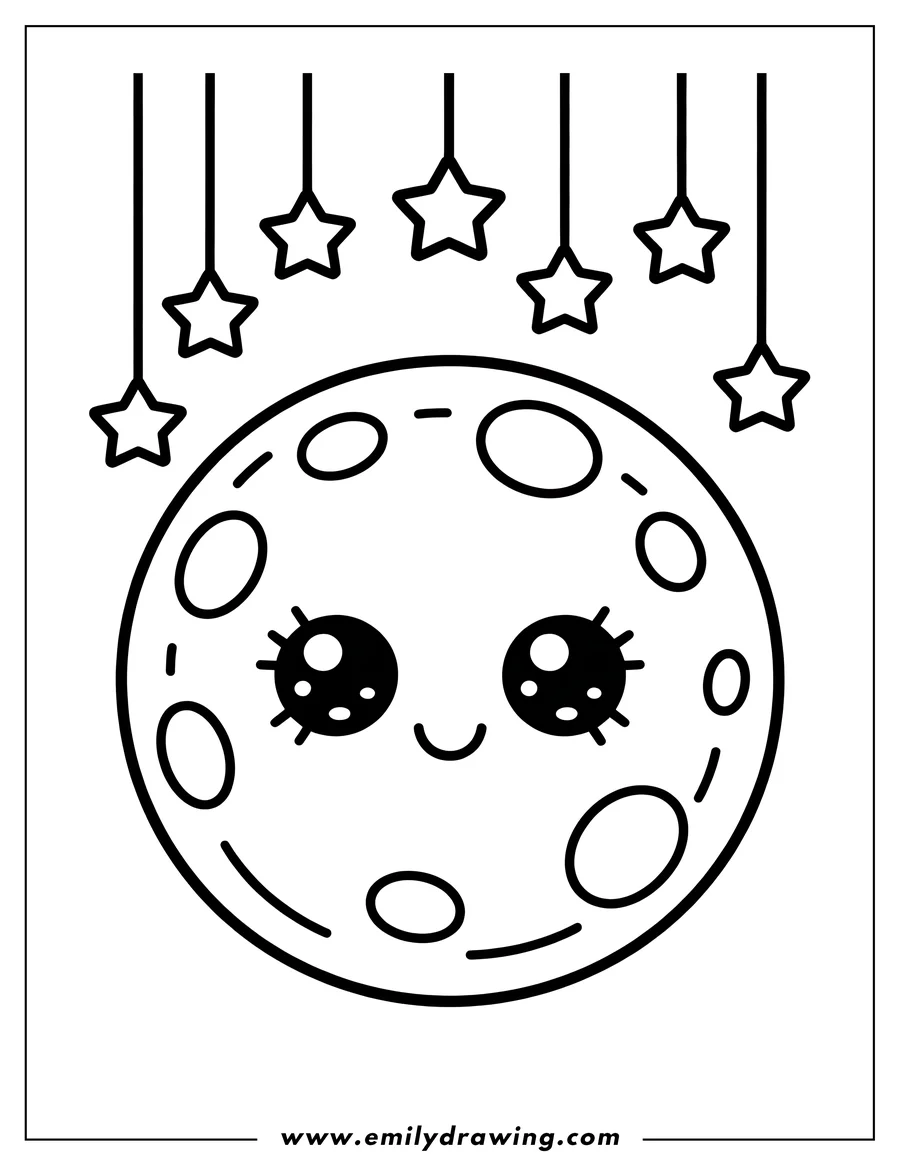 Line art of a smiling moon with hanging stars. The moon has large, expressive eyes and several craters.