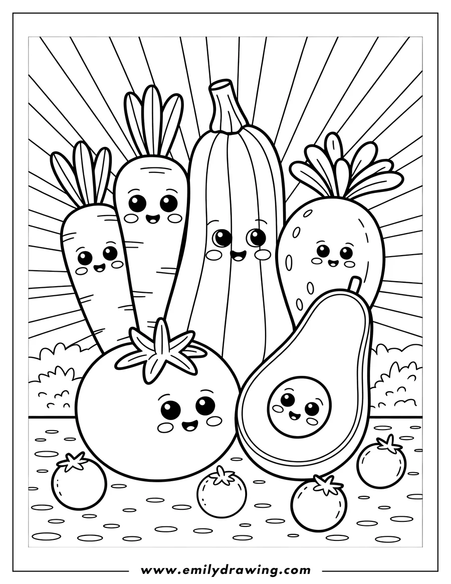 Line art illustration of smiling vegetables including carrots, a zucchini, strawberry, tomato, and avocado.