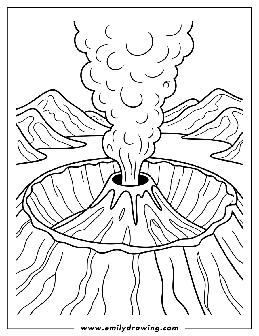 Line art of a smoking volcano with rolling hills in the background.