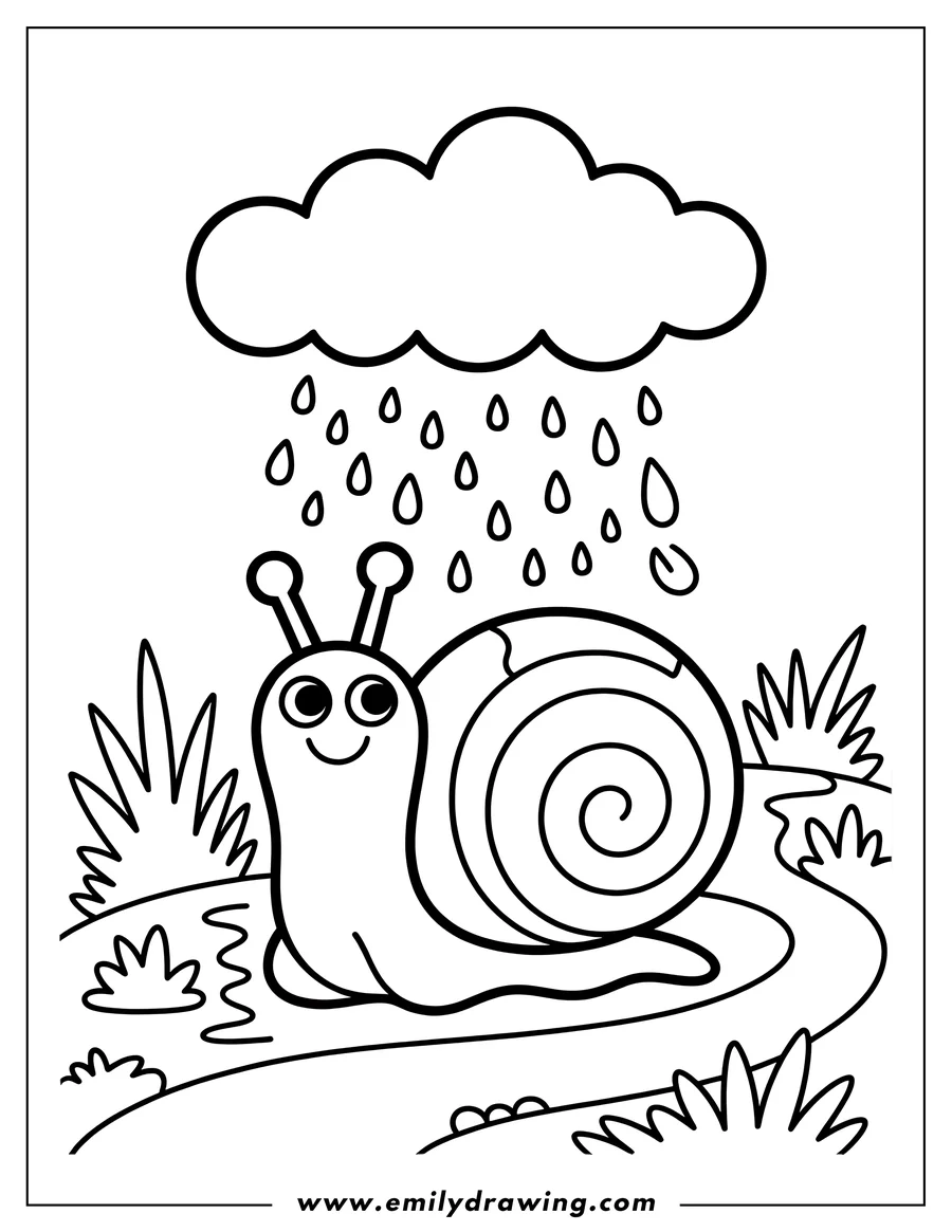 Line art of a snail in the rain. There's a cloud and raindrops. Grass is at the snail's sides.