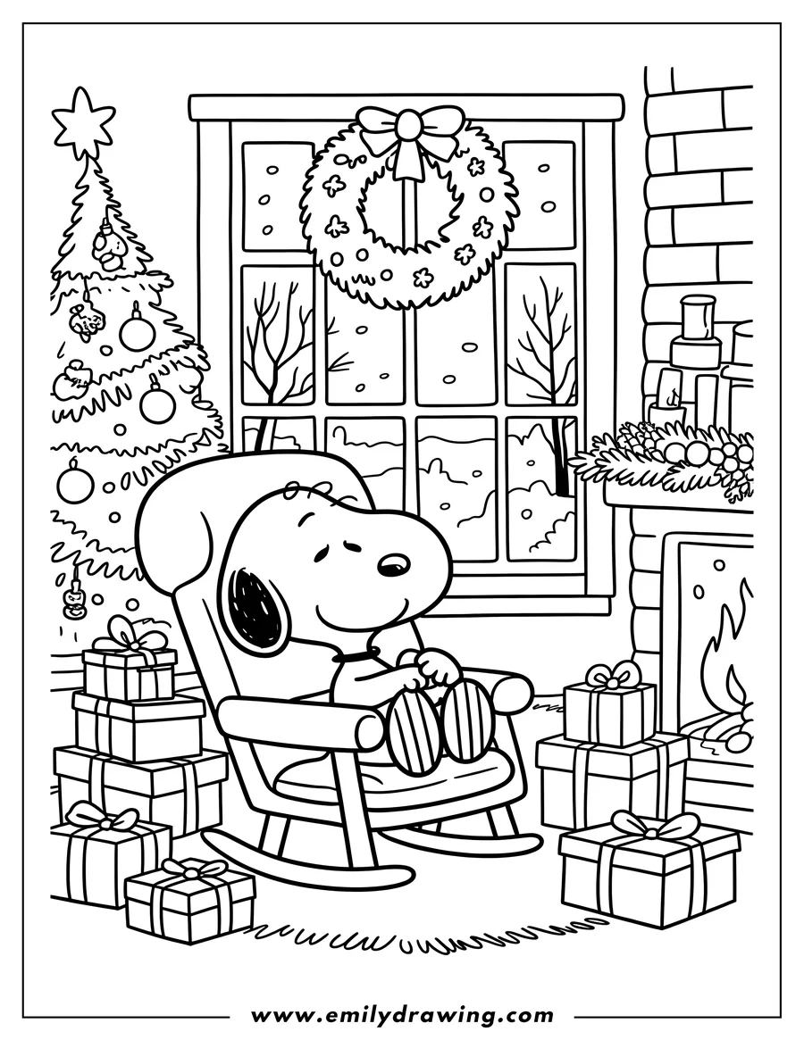Line art of Snoopy sitting in a rocking chair by a fireplace, with a Christmas tree and presents nearby.