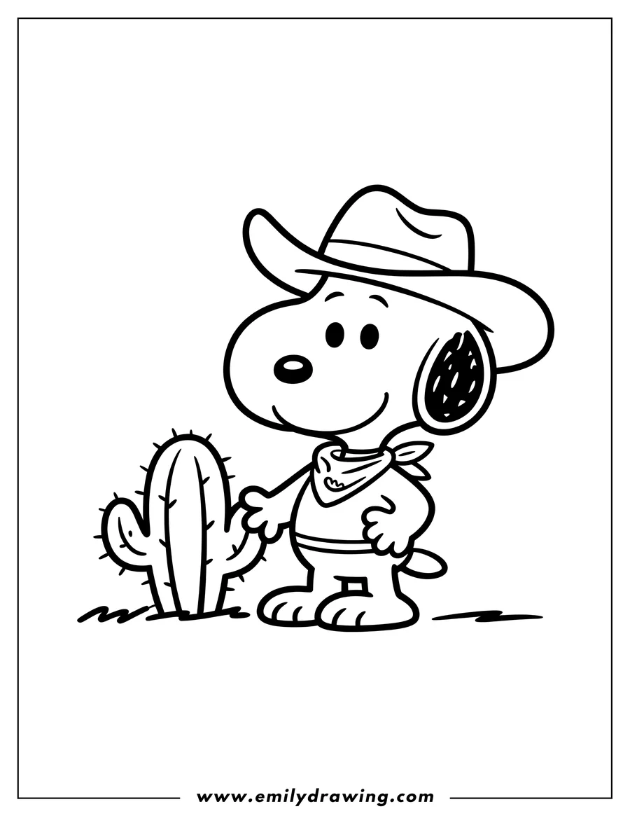 Line art of Snoopy, the dog from Peanuts, wearing a cowboy hat and holding a rope, standing next to a tall saguaro cactus in a desert setting.