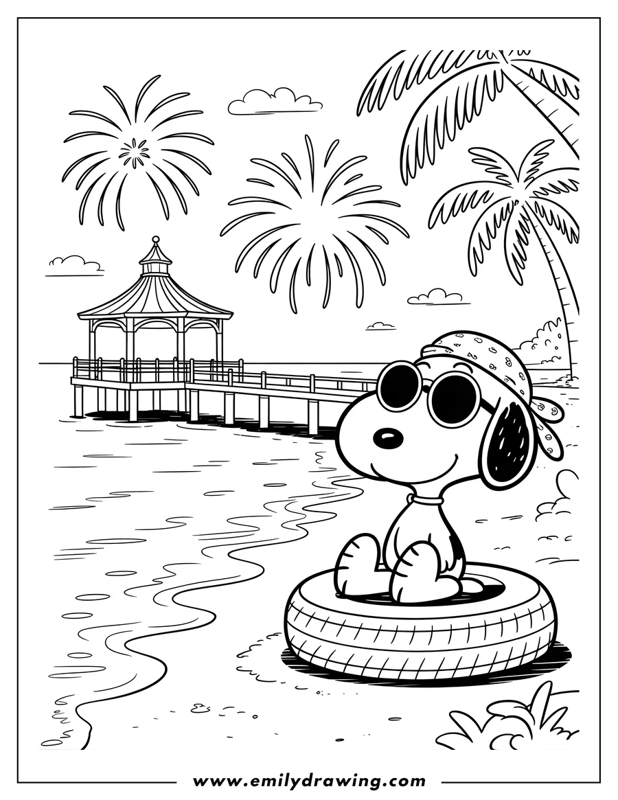 Snoopy sits on a tire inner tube by the beach, wearing sunglasses and a bandana, watching fireworks over a gazebo and pier.