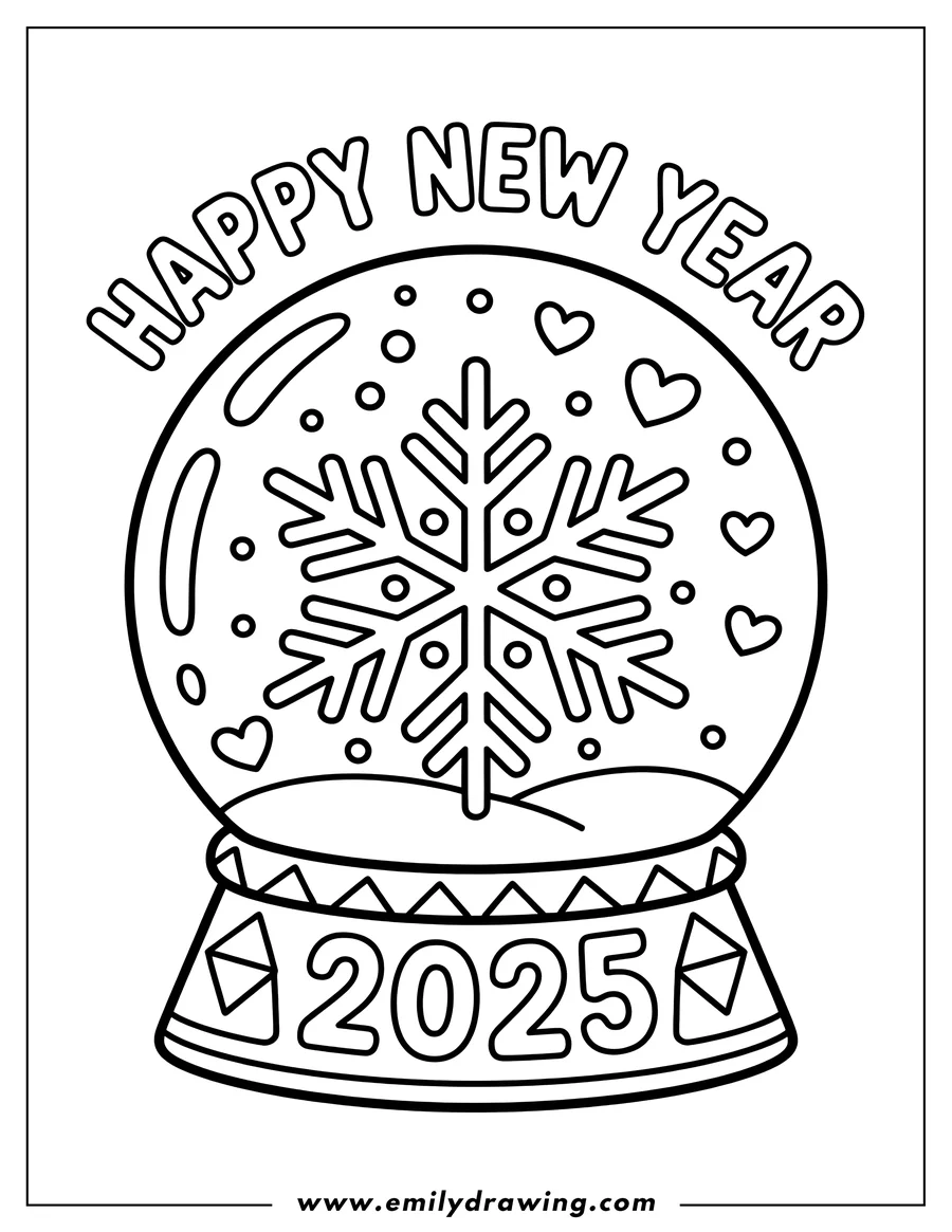 Outline of a snow globe with a snowflake and hearts inside, sitting on a base with '2025' written on it. 'Happy New Year' is written above the globe.
