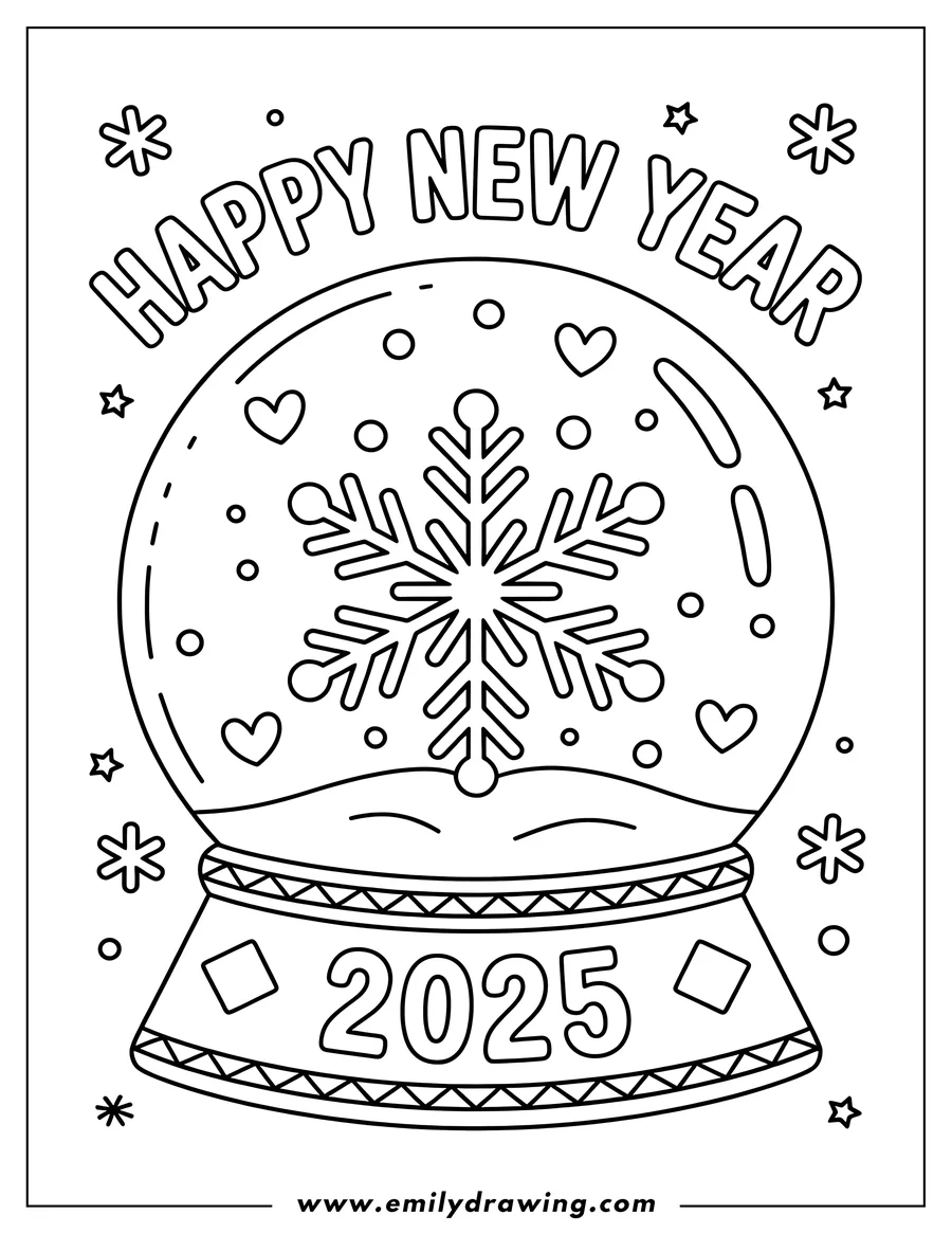 Outline of a snowflake inside a snow globe with hearts, circles, and the year 2025 on the base.
