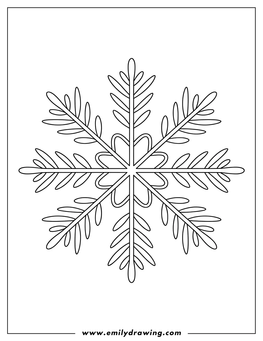 Outline of a snowflake with detailed, intricate patterns on each of its six branches.