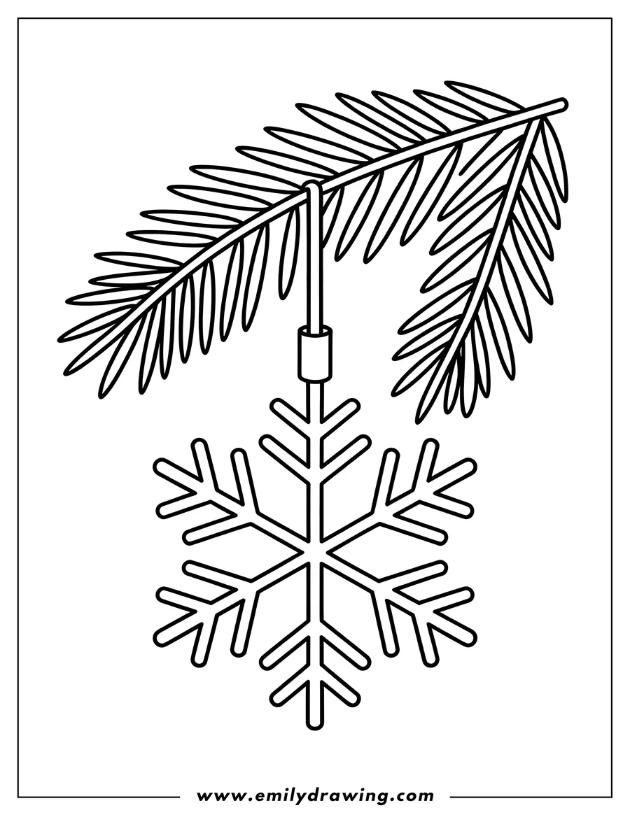 Outline of a snowflake hanging from a pine branch.