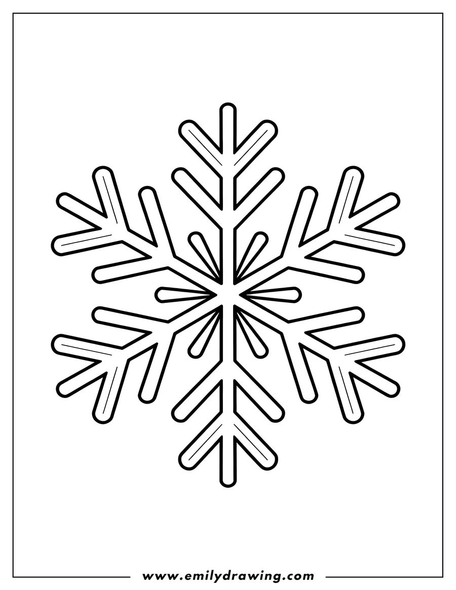 Outline of a symmetrical snowflake with detailed patterns.