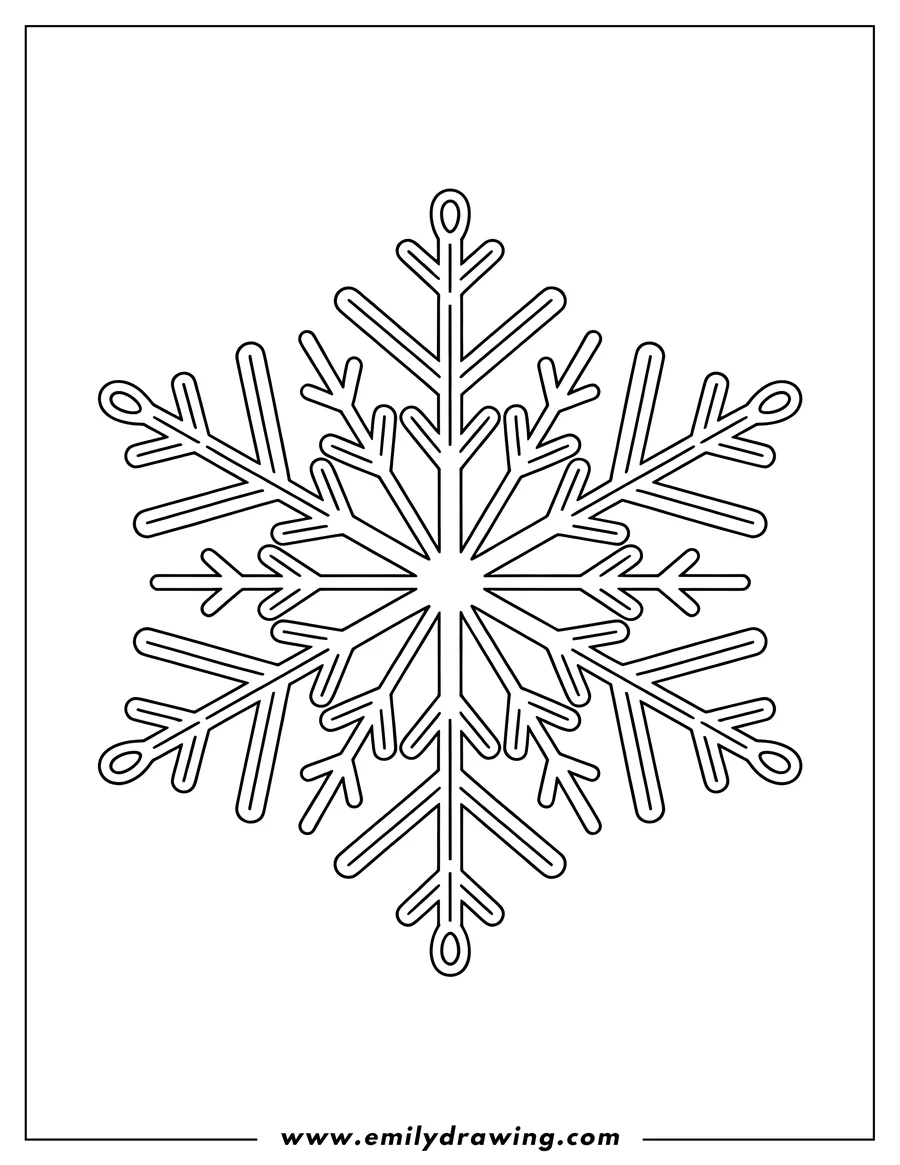 Outline of a six-pointed snowflake with small round tips on each point.