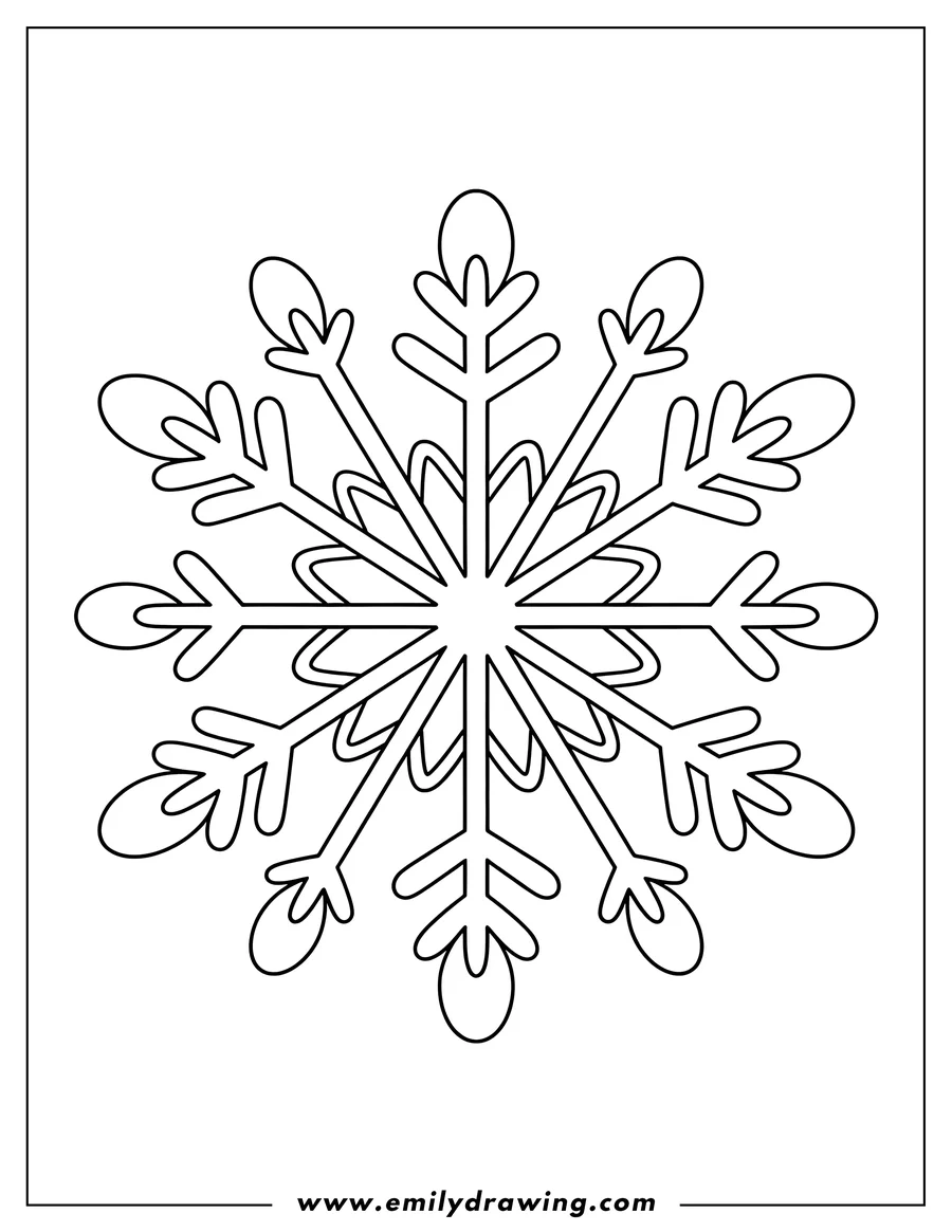Outline of a six-branched snowflake, ready to be colored in. Each of the six branches features a rounded tip.