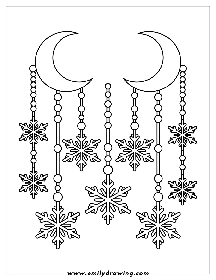 Outline of snowflakes hanging from two crescent moons, connected by beaded strings.
