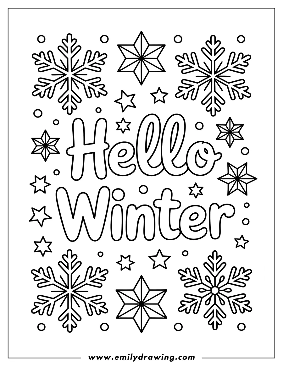 Line art of snowflakes and stars with the words 'Hello Winter'.