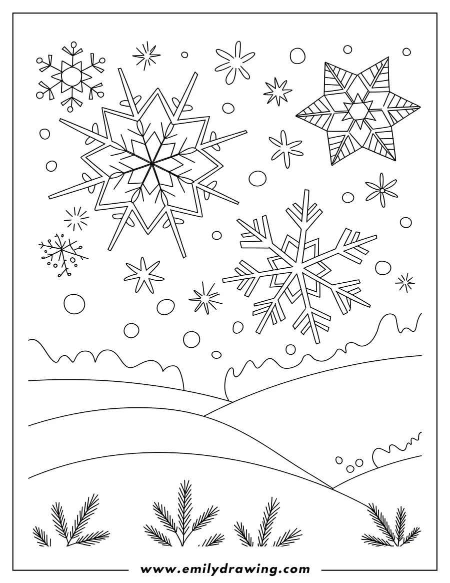 Outline of a winter scene with various snowflakes falling above a snowy landscape with fir branches.