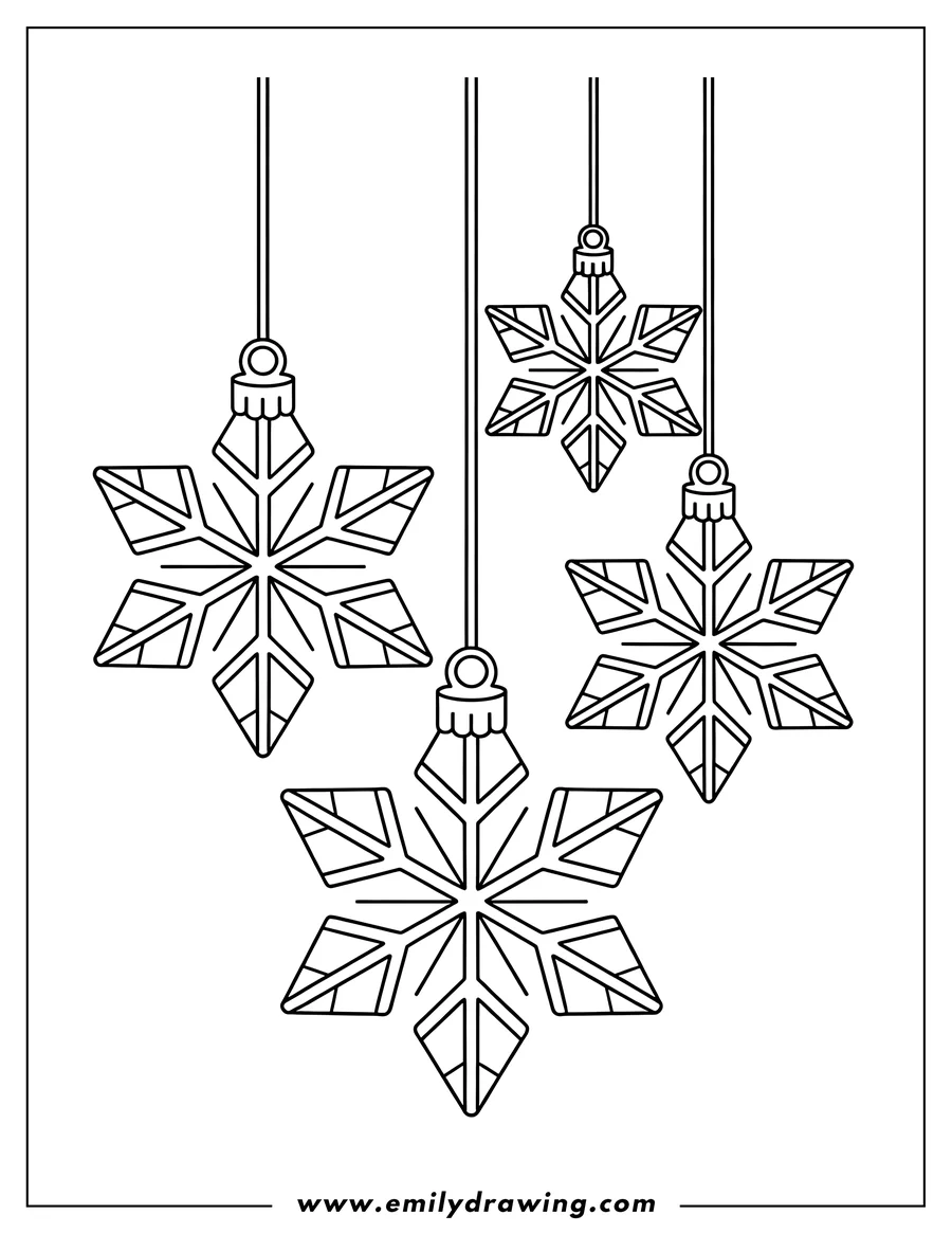 Line art of three hanging snowflakes with simple geometric details.