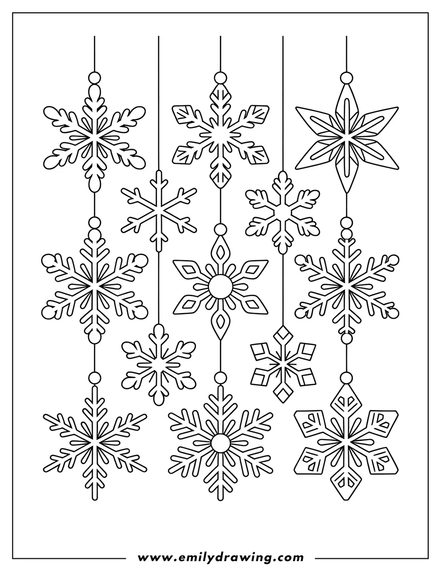 Line art of decorative snowflakes hanging as ornaments. Perfect winter-themed coloring activity.