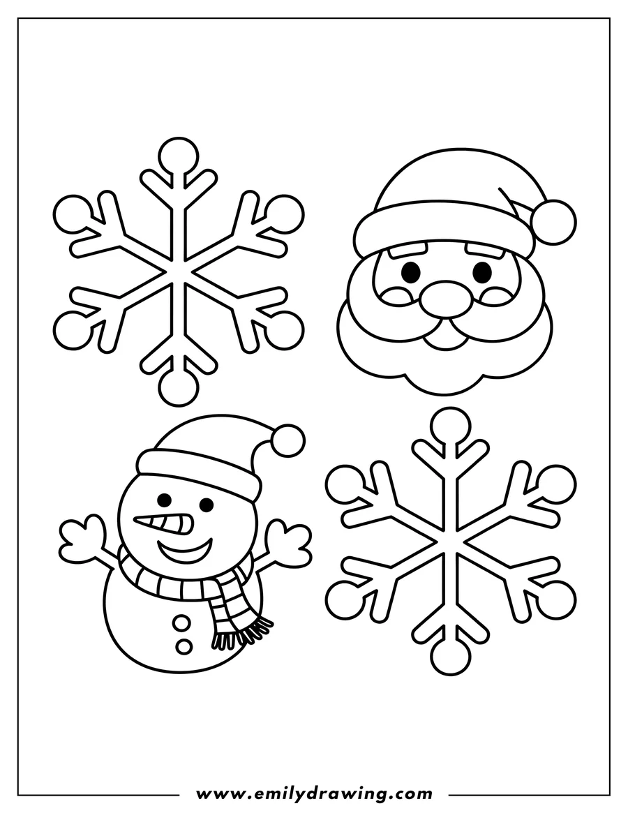 Line art of Santa Claus and a snowman with two snowflakes. The snowman wears a striped scarf and a winter hat.