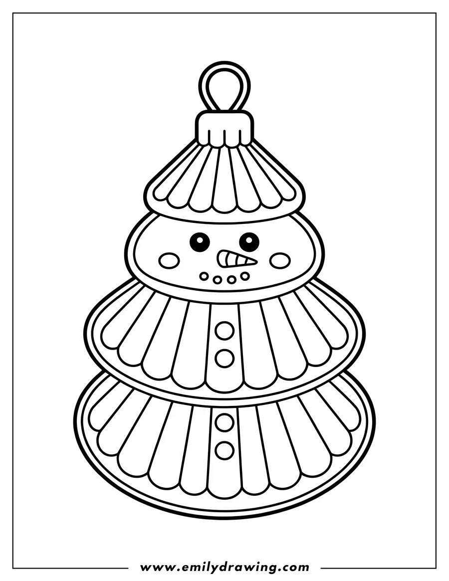 Outline of a snowman-shaped Christmas ornament with a cute face, carrot nose, and round, tiered body.