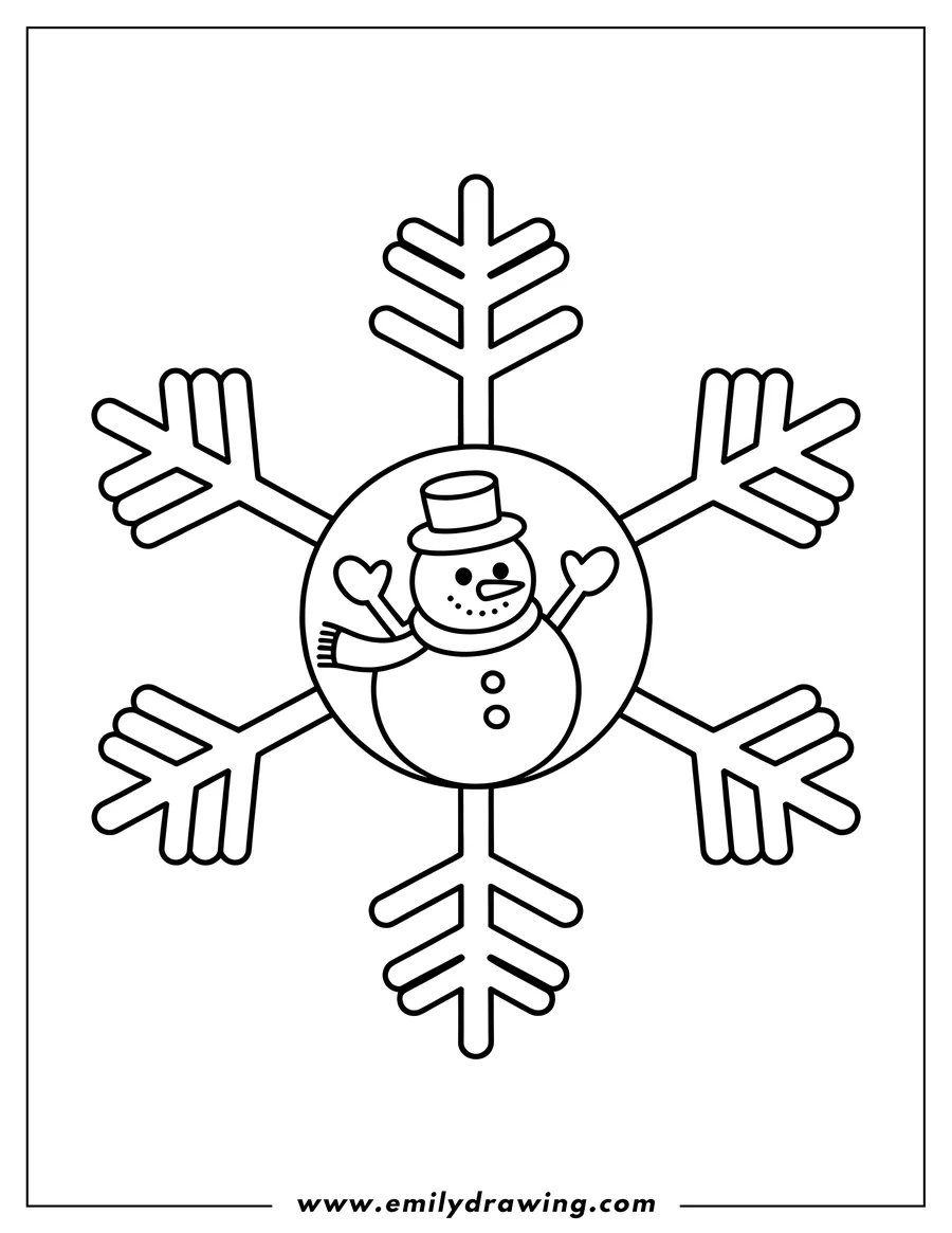 Outline of a snowman wearing a top hat and scarf inside a snowflake.