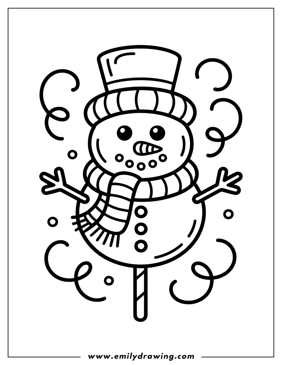 Outline of a snowman-shaped lollipop. It has a top hat, striped scarf, and stick.
