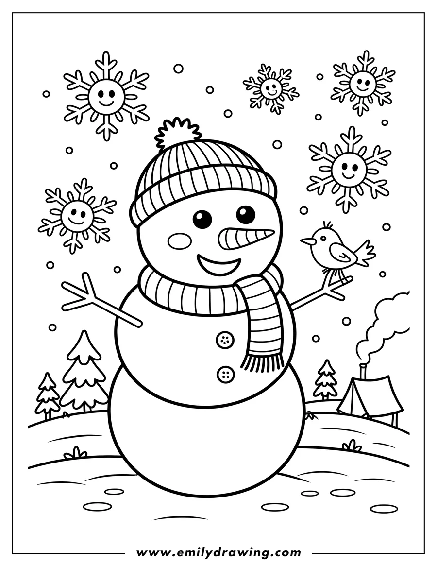 Outline of a snowman wearing a hat and scarf, with a small bird perched on its stick arm. Smiling snowflakes fall around the snowman, and a tent is pitched in the snowy background.
