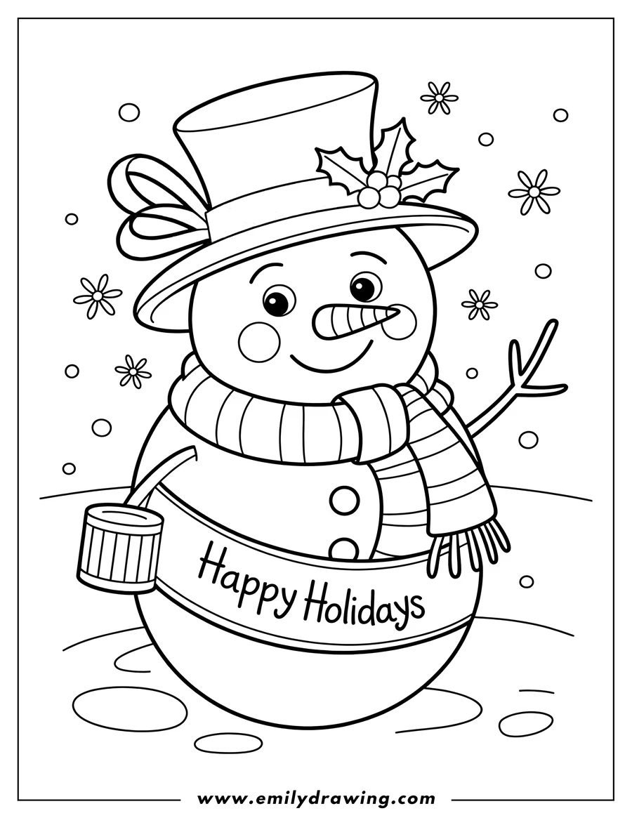 Outline of a cheerful snowman wearing a top hat, a scarf, and a sash that says 