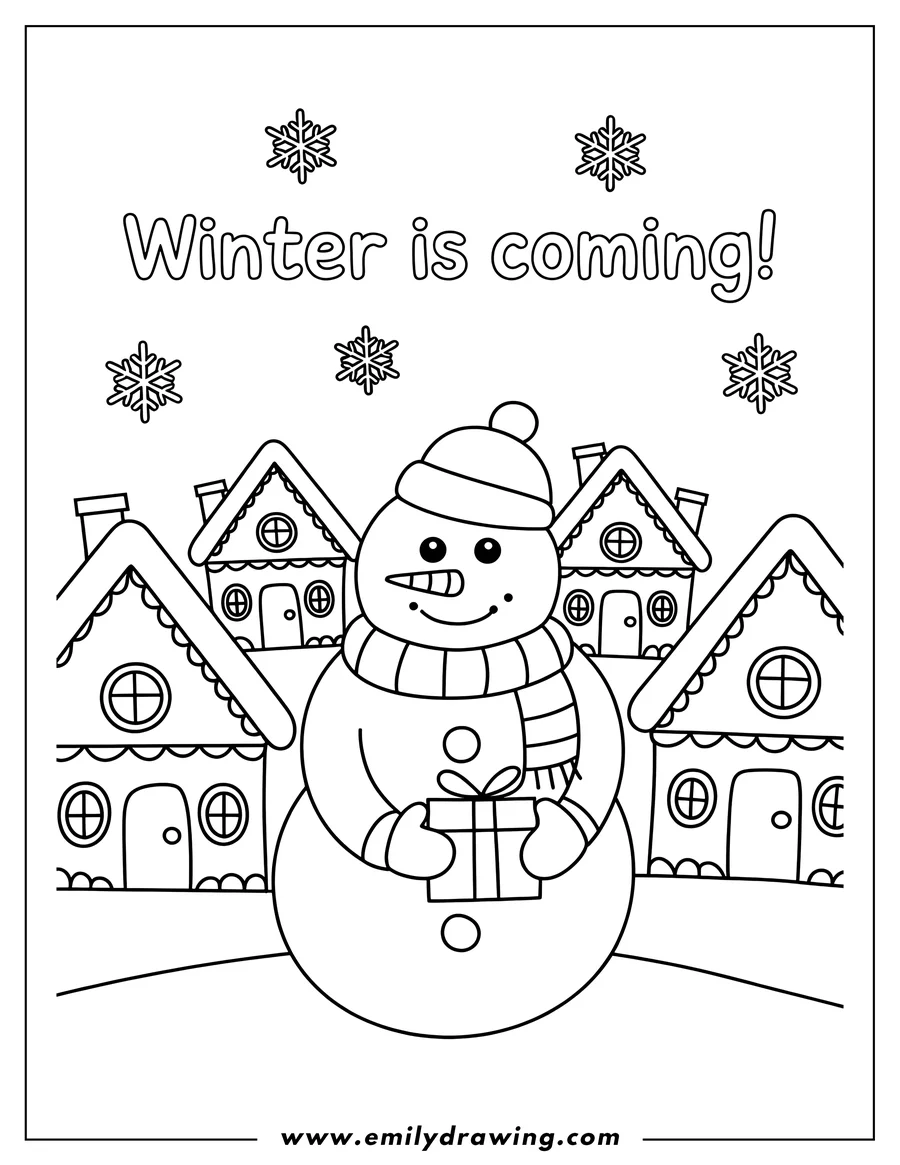Outline of a friendly snowman holding a wrapped present, standing in front of small houses in a snowy village scene with falling snowflakes.