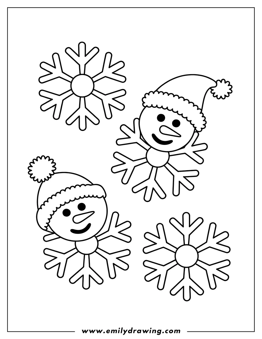 Two smiling snowmen with snowflake arms and Santa hats, surrounded by snowflakes.