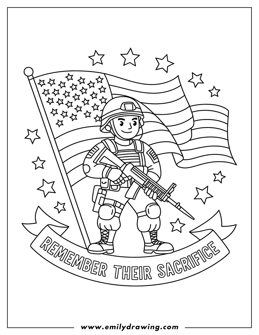 Line art of a soldier standing with an American flag in the background. A banner below reads