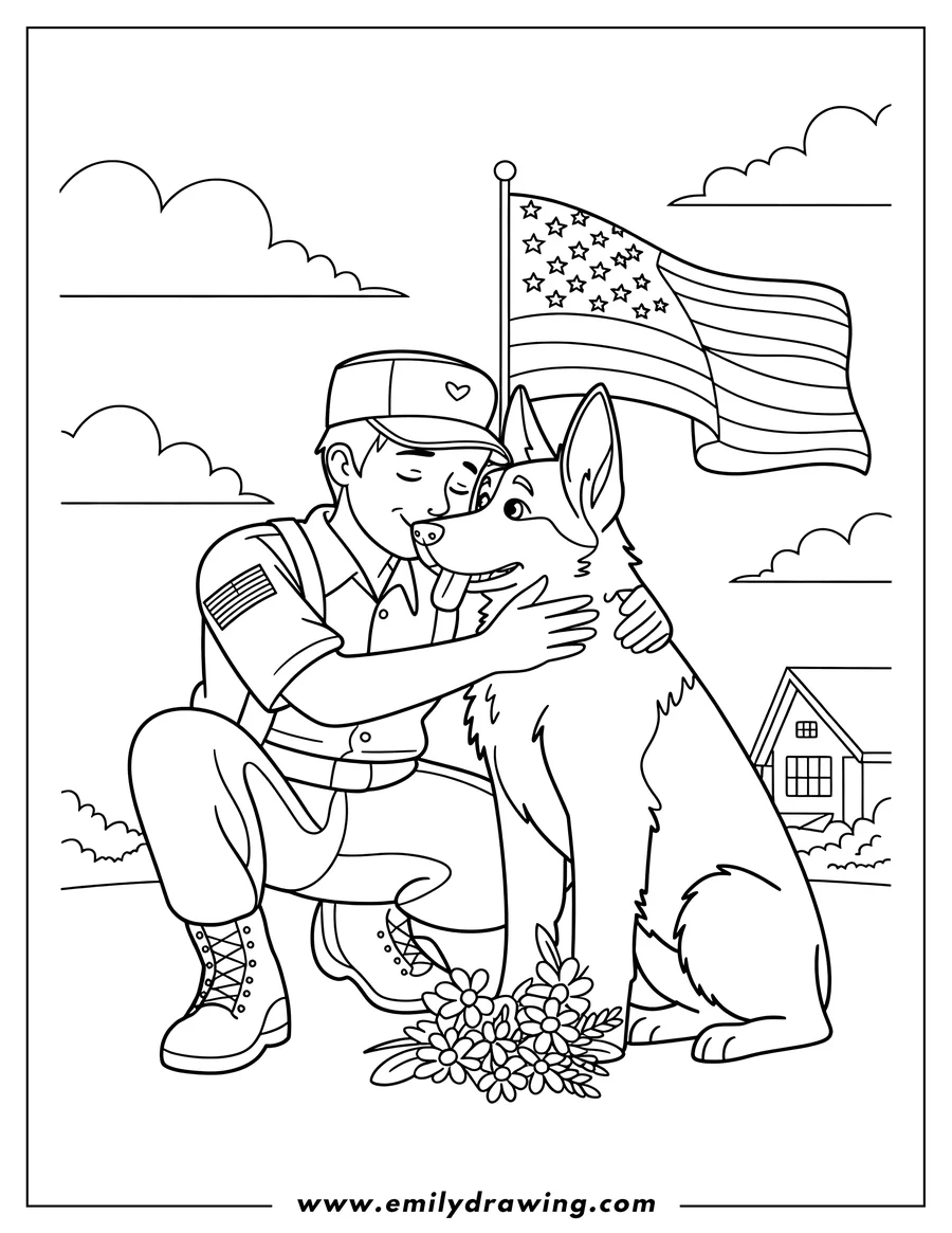 Line art of a soldier kneeling and hugging a dog, with an American flag in the background. Flowers are at their feet.