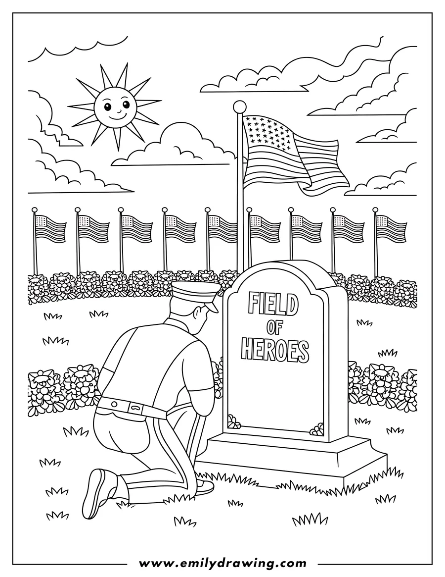 Line art of a soldier kneeling before the Field of Heroes memorial. American flags and flowers surround the memorial. A bright sun shines overhead.