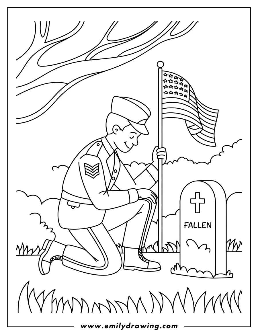 Line art of a soldier kneeling and placing an American flag at a gravesite. The soldier is wearing a uniform and the tombstone has a cross and the word 'Fallen' on it.