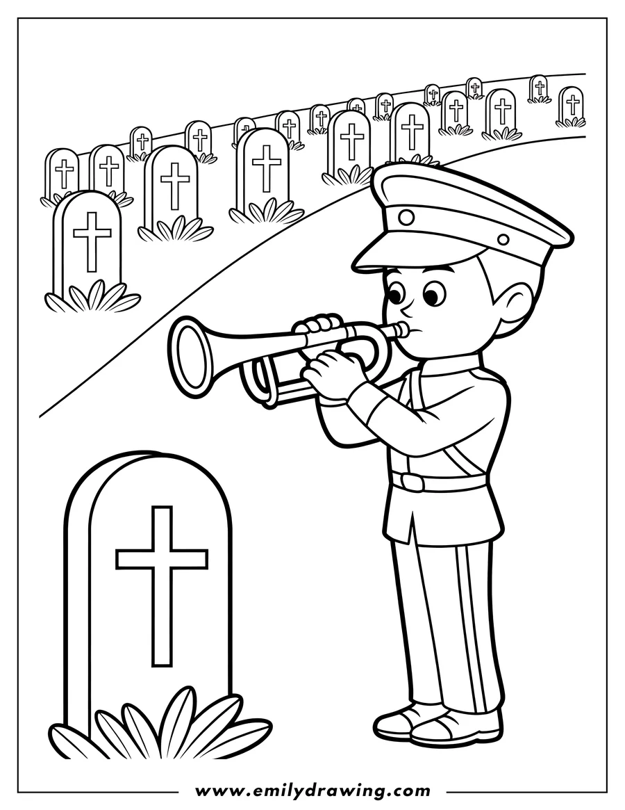Line art of a soldier playing a trumpet in a cemetery, likely for Memorial Day.