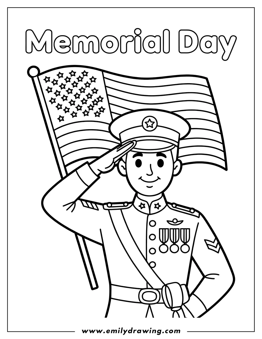 Line art of a soldier in uniform saluting with an American flag in the background.