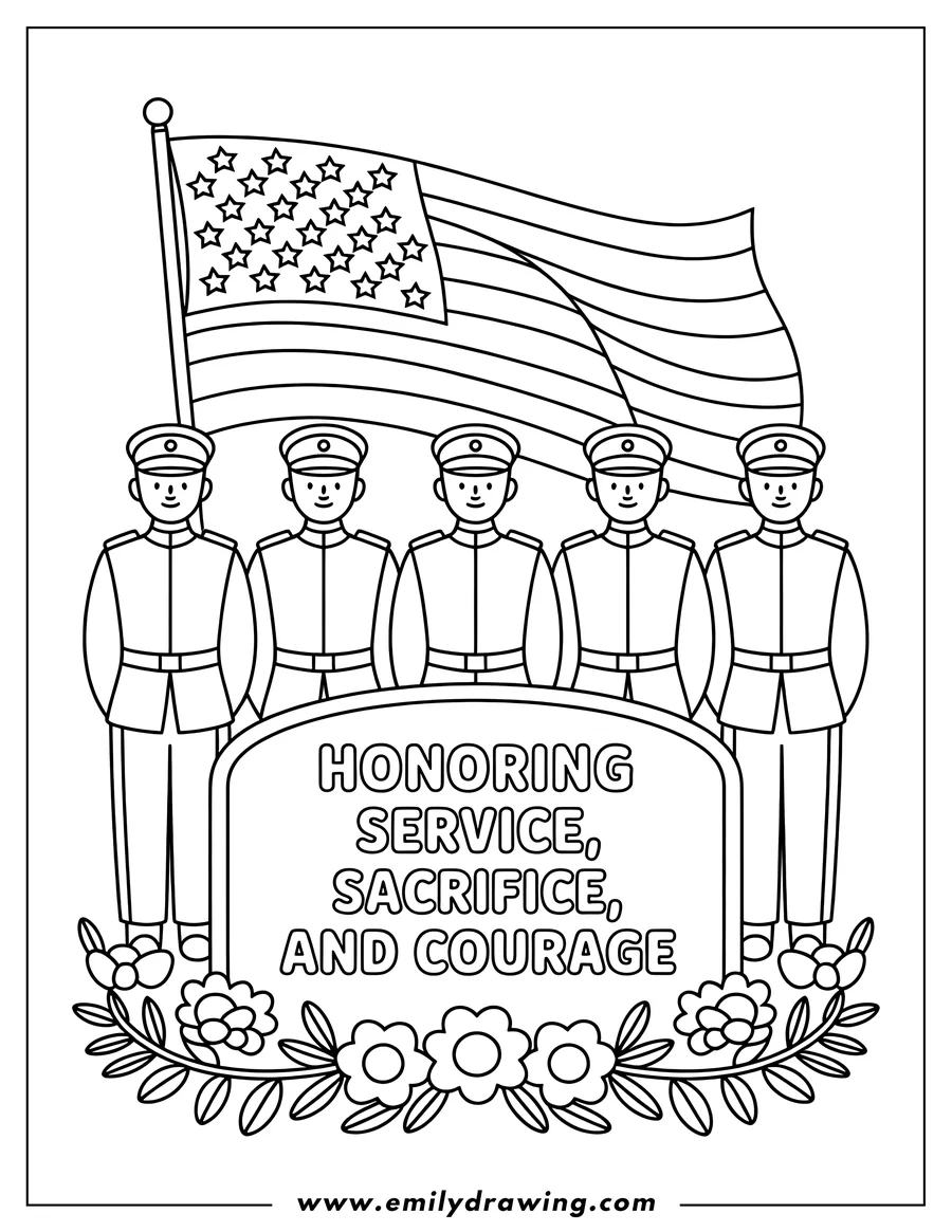 Line art of soldiers standing at attention with an American flag and a banner honoring service, sacrifice and courage, with flowers below.